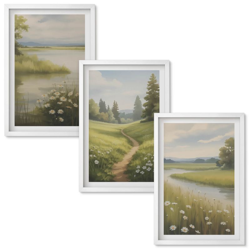 Tryptyk Obrazów w Ramie Wallfluent Wiosenny krajobraz rzeka łąka Biała rama 40x60 cm 3 szt.