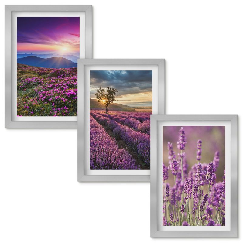 Zestaw obrazów Wallfluent Lawendowe pola zachód słońca Srebrna rama 20x30cm 3 szt.