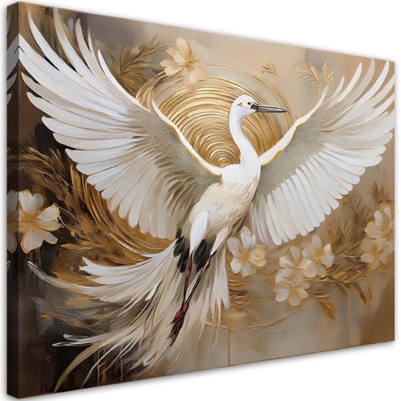 Obraz do salonu sypialni Feeby Biały Żuraw Ptak Kwiaty 120x80 cm 1szt