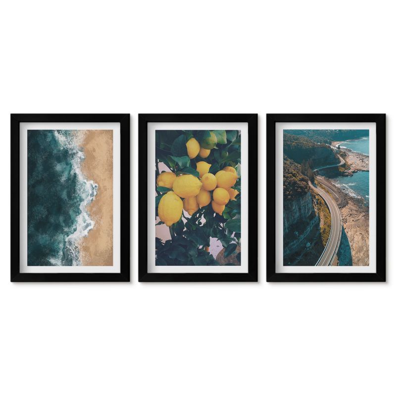 Trzy obrazy w czarnej ramie zestaw Tulup 20x30 cm Morze plaża cytryny góry Tryptyk 1 kpl