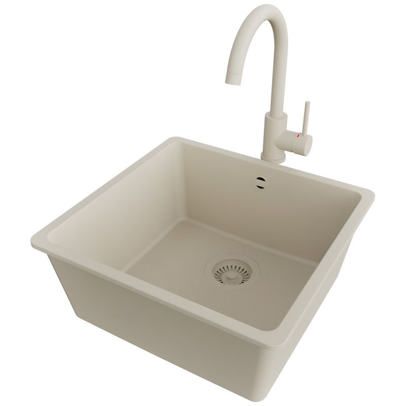Zlewozmywak podblatowy Wenecja Easy PRIMAGRAN 46x44cm do szafki od 50cm, Beżowy + Bateria 32x20cm + Syfon, S044, 1 szt.