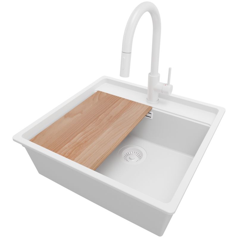 Zlewozmywak Granitowy Bergen PRIMAGRAN Nablatowy 56x53cm do szafki od 60cm, Cały Biały + Bateria + Syfon + Deska, S204, 1 szt.