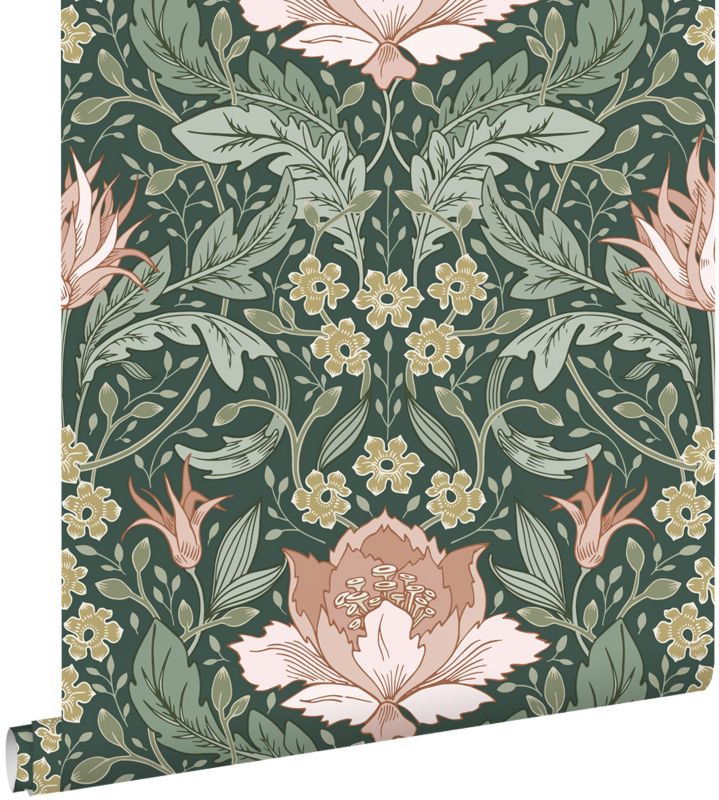 Tapeta ESTAhome vintage kwiaty w stylu secesyjnym ciemnej zieleniIjasnego różu 50 x 900 cm - 1 rol.