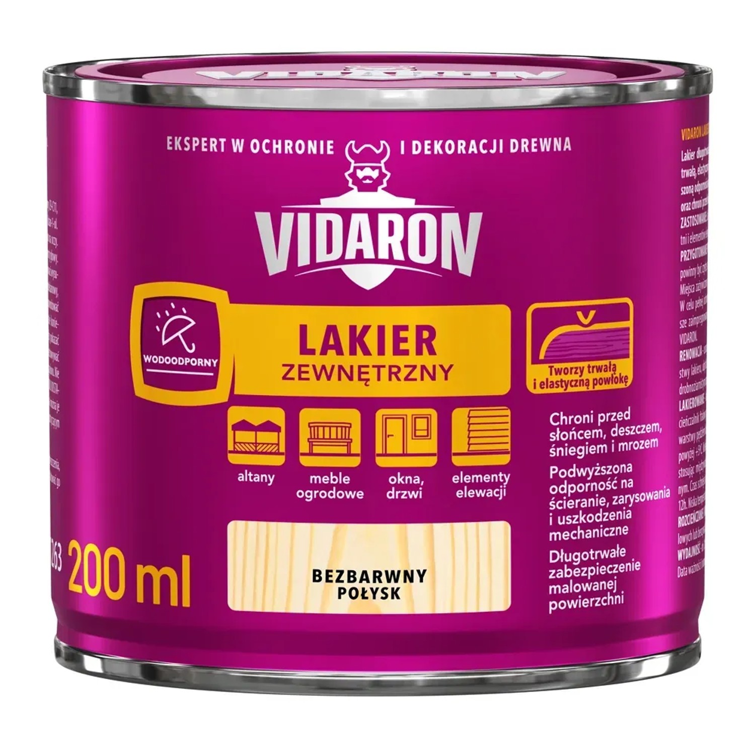 Vidaron Lakier zewnętrzny do drewna bezbarwny połysk 200 ml
