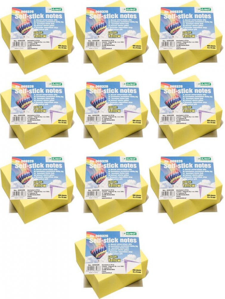 10x Karteczki samoprzylepne D.Rect, 76x76mm, 400 karteczek, żółty