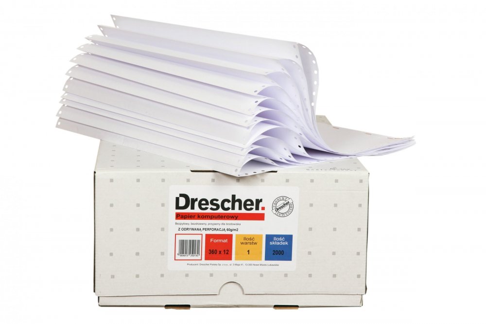 Papier offsetowy do drukarki igłowej (składanka) Drescher Polska Sp. z o.o., 210mm, 1+0 bez nadruku