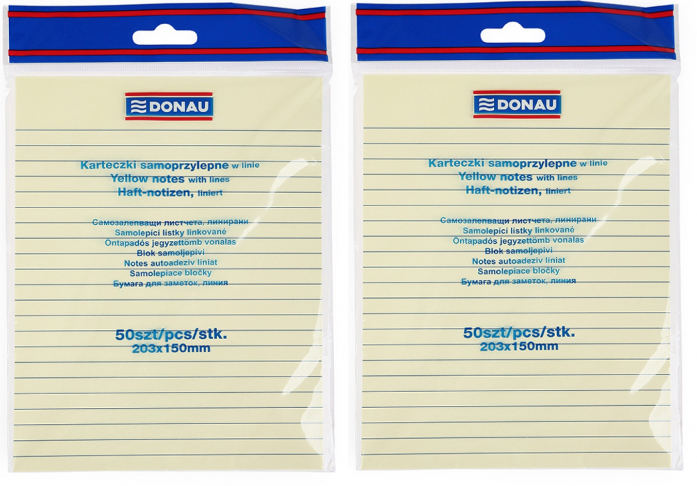 2x Karteczki samoprzylepne w linie Donau, 150x203mm, 50 karteczek, żółty pastelowy