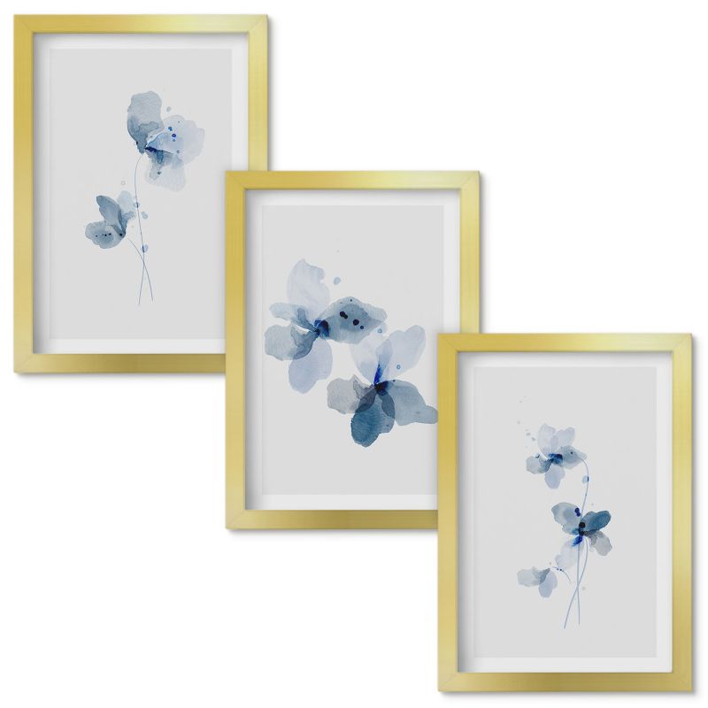 Zestaw obrazów Wallfluent Niebieski kwiaty Złota rama 20x30cm 3 szt.
