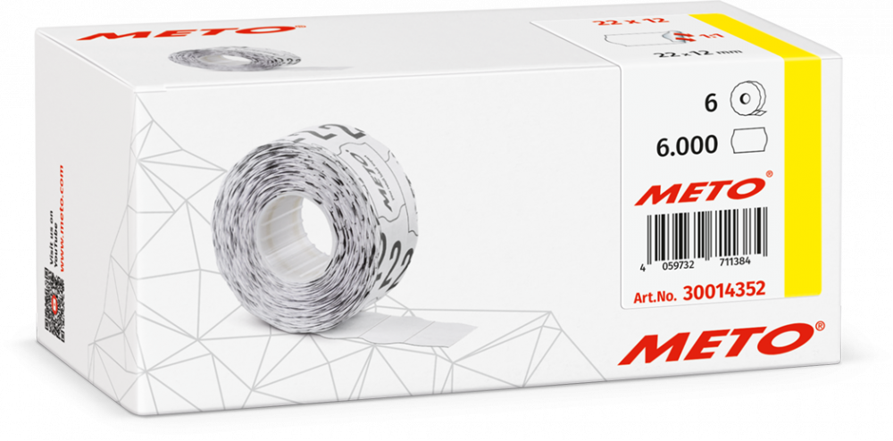 Etykiety cenowe w rolce Meto, do metkownicy jednorzędowej, 22x12 mm, 1000 sztuk, 6 rolek, biały
