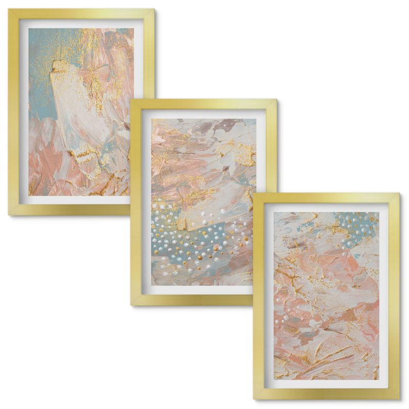 Zestaw Obrazów w Ramie Wallfluent Abstrakcyjne pastelowe wzory Złota rama 20x30cm 3 szt.