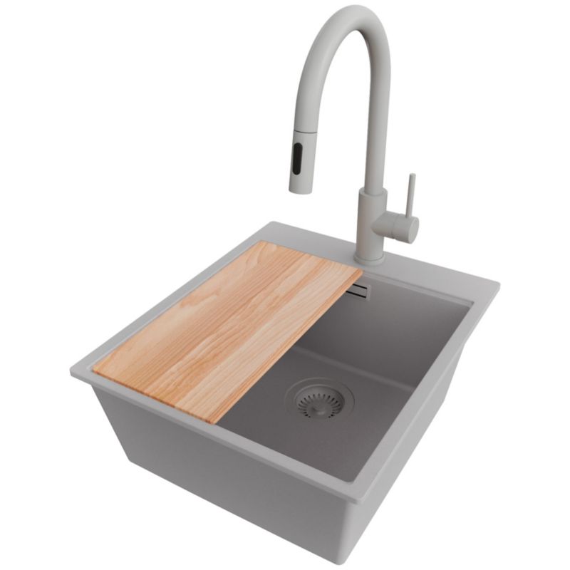 Zlewozmywak Granitowy Oslo Top PRIMAGRAN Nablatowy 43x50cm do Szafki od 45cm, Cały Szary + Bateria + Syfon + Deska, S206, 1 szt.