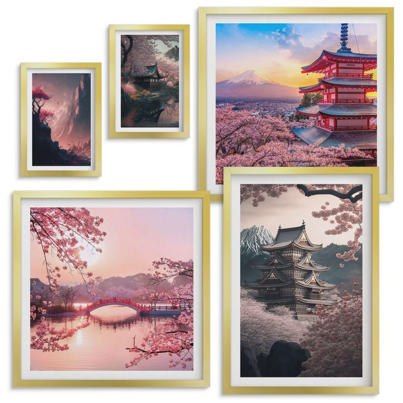 Zestaw obrazów Wallfluent Krajobrazy Japonii fantasy Złota rama 5 szt.