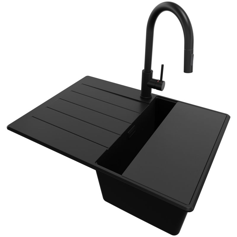 Zlewozmywak Granitowy Kopenhaga Top PRIMAGRAN Nablatowy 70x50cm, Cały Czarny + Bateria + Syfon + Akcesorium, S187, 1 szt.
