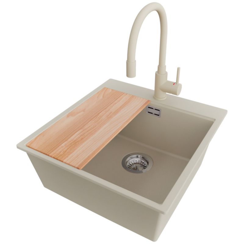Zlewozmywak Granitowy Oslo Top PRIMAGRAN Nablatowy 48x50cm do Szafki od 50cm, Beżowy + Bateria + Syfon + Deska, S325, 1 szt.