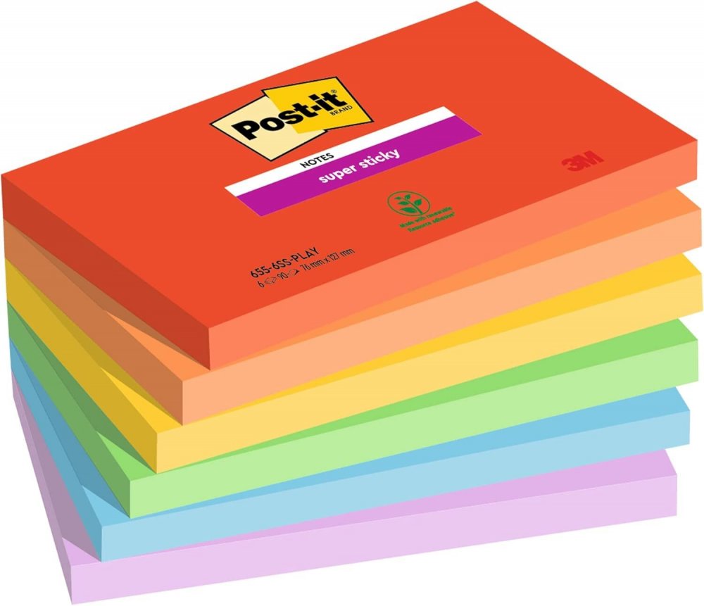 Karteczki samoprzylepne Post-it Super Sticky Playful, 76x127mm, 6x90 karteczek, mix kolorów