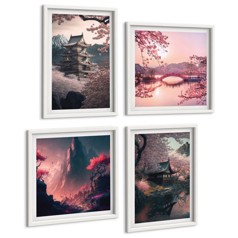 Zestaw Obrazów 4 Częściowy ArtPrintCave (2x50x50+2x40x60cm) Biała rama Krajobrazy Japonii fantasy 1 kpl.