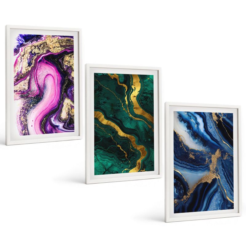 Galeria 3 Obrazów w Białej Ramie ArtPrintCave 40x60 cm Komplet ścienny Abstrakcyjne wzory róż zieleni 1 kpl.