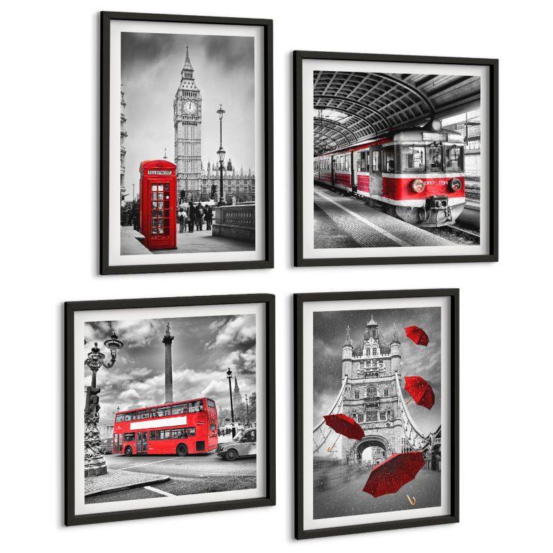 Zestaw Obrazów 4 Częściowy ArtPrintCave (2x50x50+2x40x60cm) Czarna rama Czerwone akcenty Londyn 1 kpl.