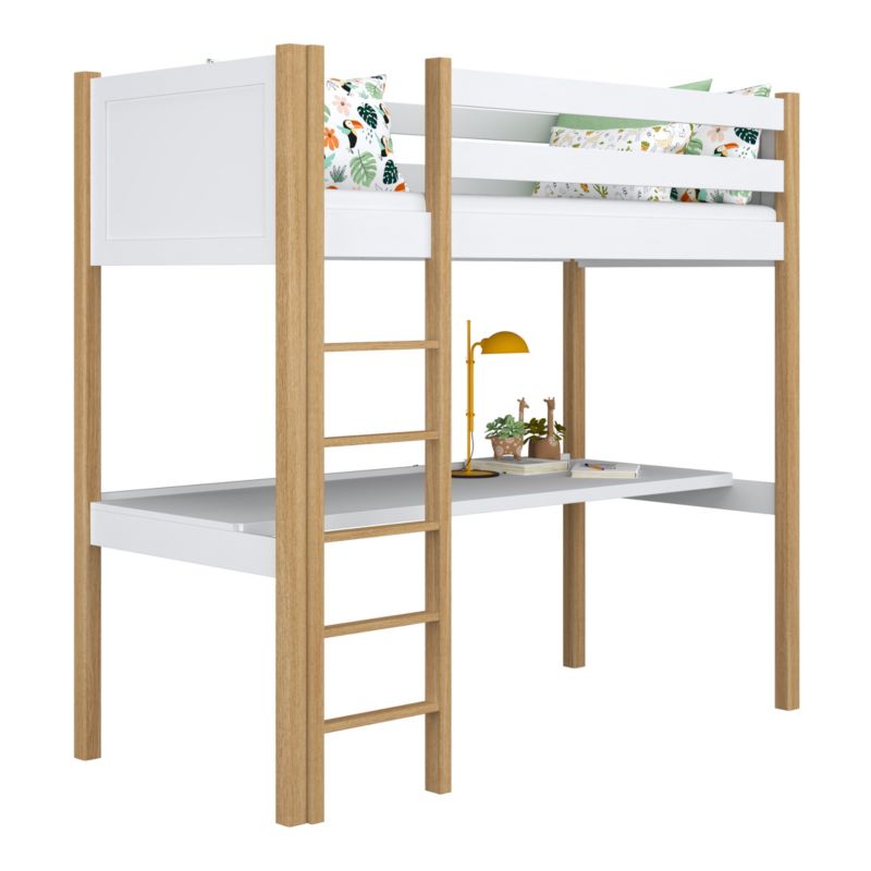 Drewniane łóżko N-WOOD na antresoli z biurkiem N06 biało dębowy 80x180 1szt.