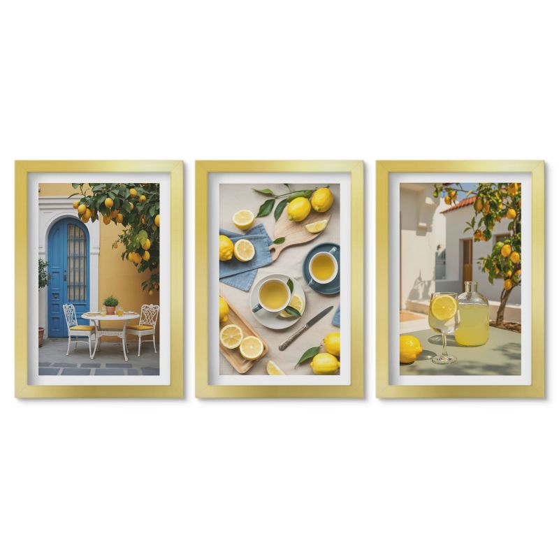 Zestaw 3 obrazów w złotych ramach Tulup 20x30 cm Cytryny lemoniada niebieskie drzwi Tryptyk 1 kpl