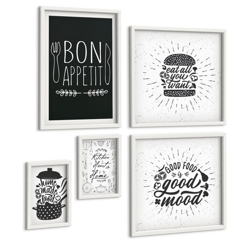 Komplet 5 Obrazów ArtPrintCave (2x50x50+2x20x30+40x60cm) Biała rama Grafika jedzenie hasła kulinarne 1 kpl.