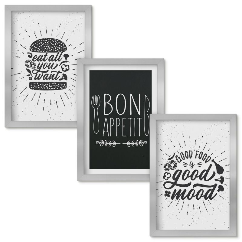 Obraz Ścienny Zestaw Wallfluent Grafika jedzenie hasła kulinarne Srebrna rama 20x30cm 3 szt.