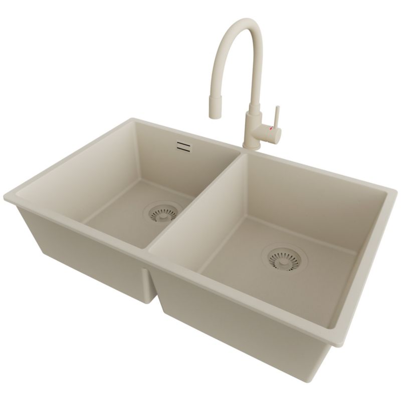 Zlewozmywak Granitowy Londyn Twin Slim PRIMAGRAN Nablatowy 76x47cm do Szafki od 80cm, Cały Beżowy + Bateria + Syfon, S034, 1 szt.