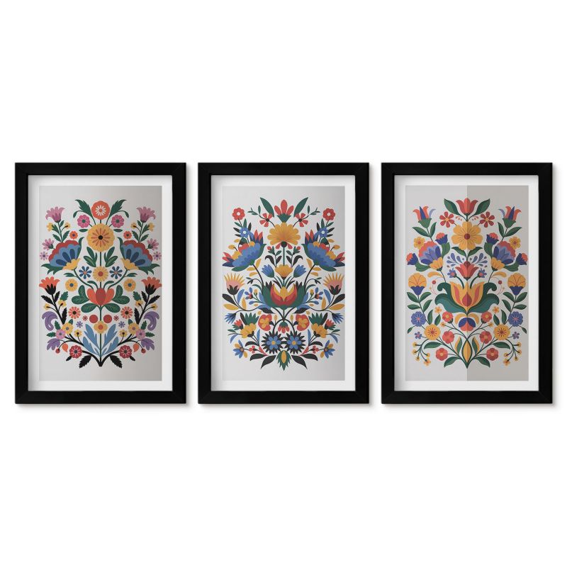 Zestaw 3 obrazów w czarnych ramach Tulup 20x30 cm Kwiatowe wzory intensywne kolory Małe obrazy do kuchni w ramie 1 kpl