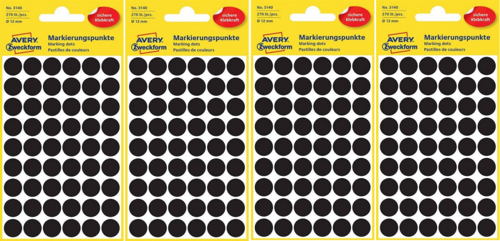 4x etykiety Avery Zweckform, okrągłe, średnica 12mm, 270 sztuk, czarny