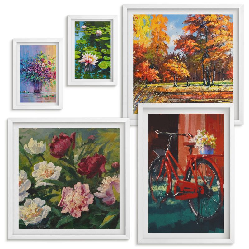 Galeria Obrazów Na Ścianę Wallfluent Lilie w wodzie rower kwiaty Biała rama 5 szt.