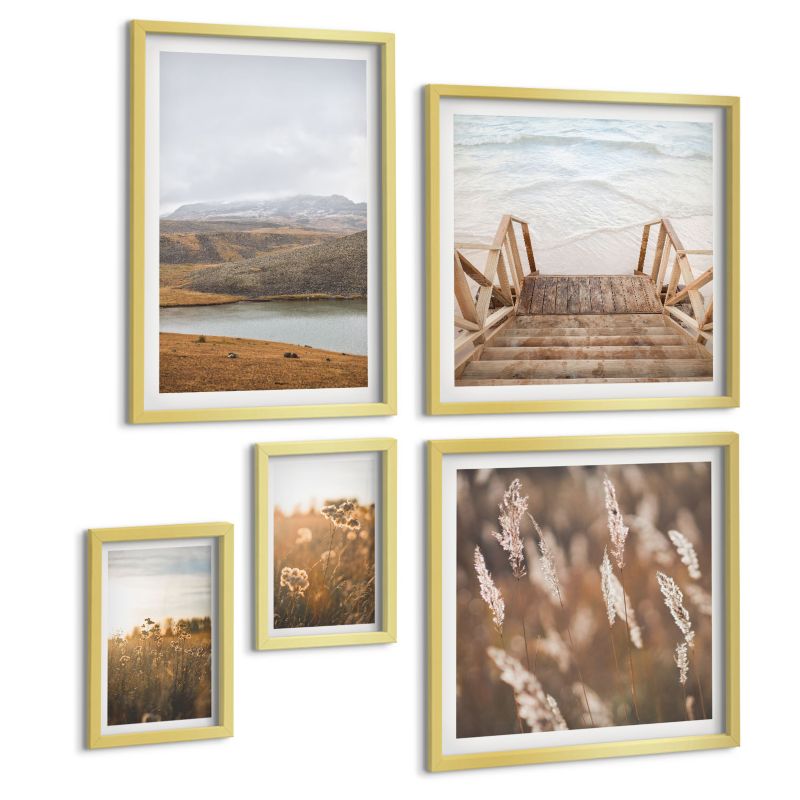 Galeria 5 Obrazów ArtPrintCave (2x50x50+2x20x30+40x60cm) Złota rama Krajobrazy łąki góry jezioro 1 kpl.