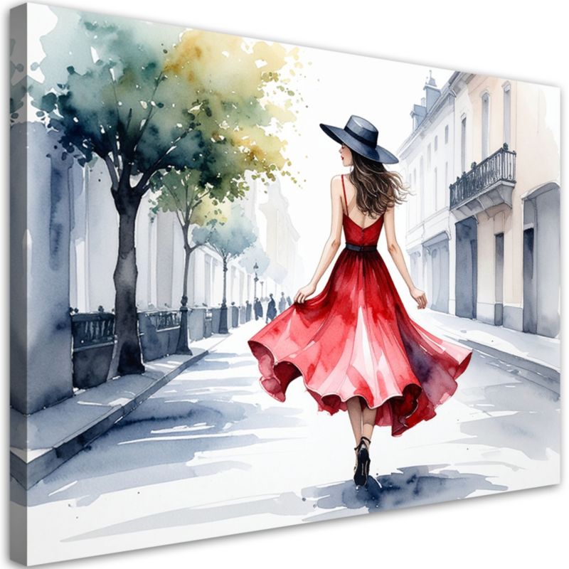 Obraz do salonu sypialni Feeby Kobieta w czerwonej sukience i kapeluszu 120x80cm 1szt