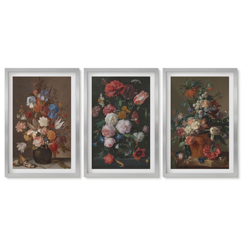 Tryptyk w srebrnej ramie Tulup 40x60 cm Kwiaty w wazonach kompozycje Obrazy do kuchni w ramie 1 kpl