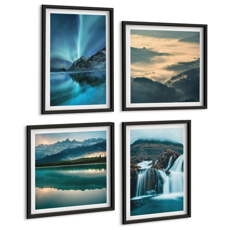 Zestaw Obrazów 4 Częściowy ArtPrintCave (2x50x50+2x40x60cm) Czarna rama Zimowe pejzaże wodospady zorze 1 kpl.