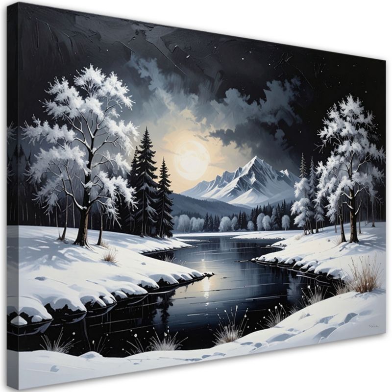 Obraz do salonu jadalni biura Feeby Krajobraz zimowy śnieg rzeka drzewa 90x60cm 1szt