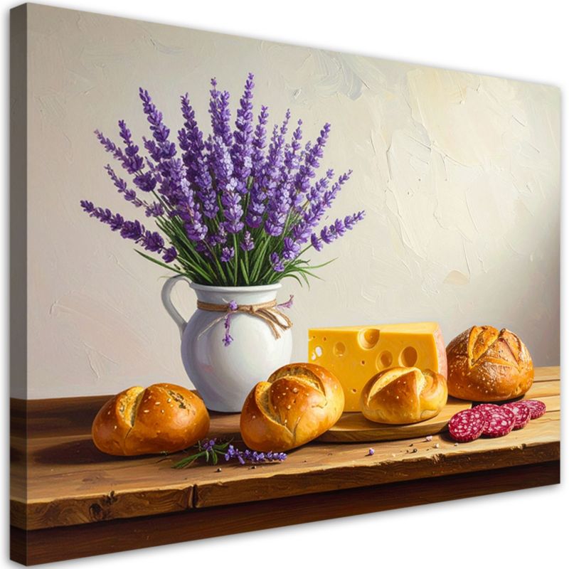 Obraz do kuchni jadalni restauracji Feeby Martwa natura lawenda bułki 100x70cm 1szt