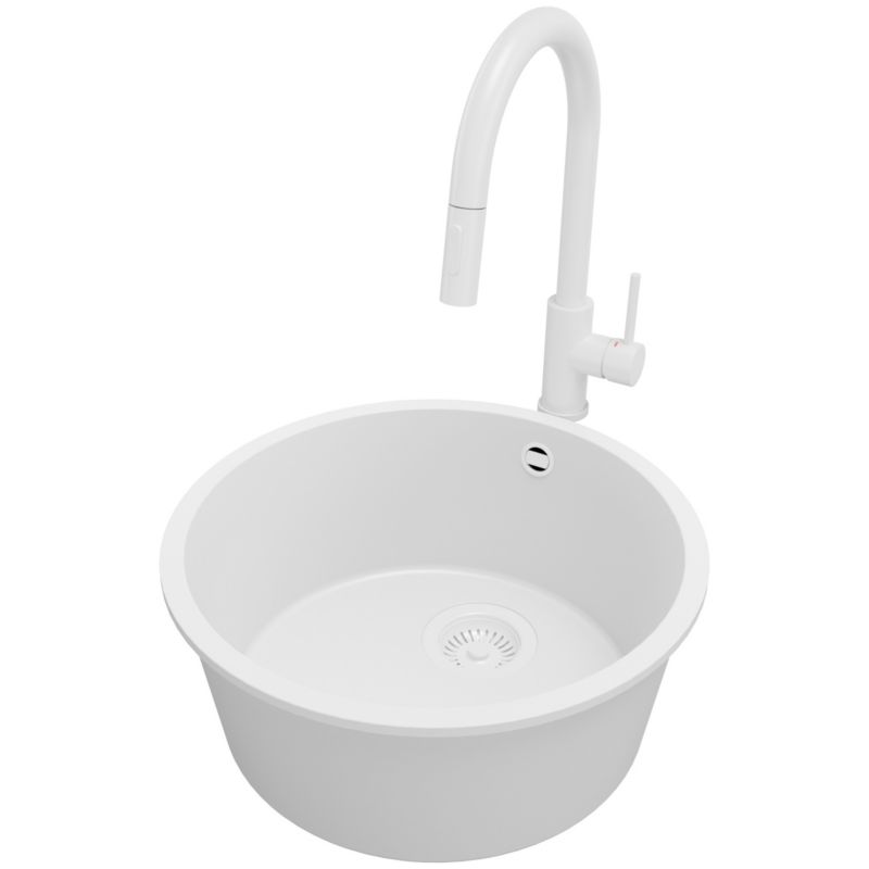 Zlewozmywak Granitowy Valetta Slim PRIMAGRAN Nablatowy 46x46cm do Szafki od 50cm, Cały Biały + Bateria + Syfon, S022, 1 szt.