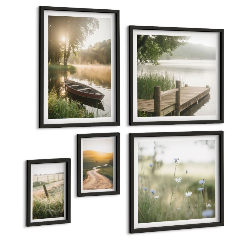 Pięcioczęściowy Zestaw Obrazów ArtPrintCave (2x50x50+2x20x30+40x60cm) Czarna rama Ważki trawy woda malarstwo 1 kpl.