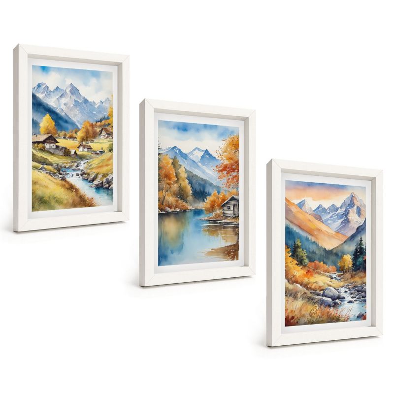 Trzyczęściowy Zestaw Obrazów ArtPrintCave 20x30 cm Biała rama Jesienne góry rzeka domki 1 kpl.