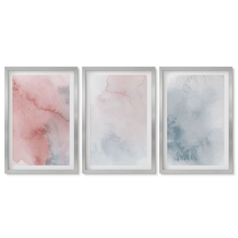 Zestaw 3 obrazów w srebrnej ramie Tulup 40x60 cm Pastelowe akwarele na płótnie Obrazy nad biurko zestaw srebrna rama 1 kpl