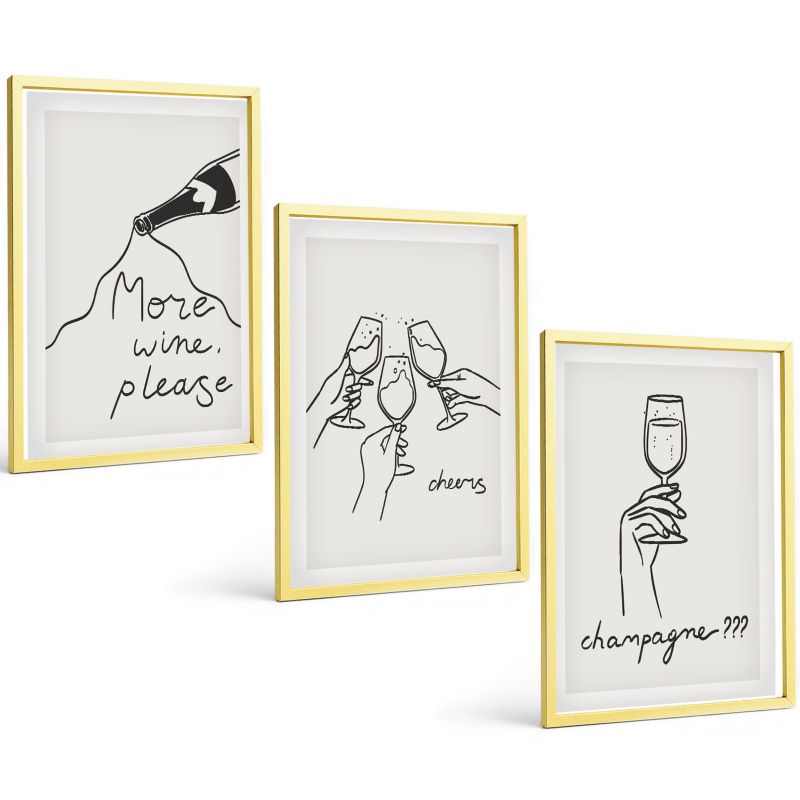 Komplet 3 Obrazów w Złotej Ramie ArtPrintCave 40x60 cm Grafika Ścienna Szampan Wino line-art 1 kpl.