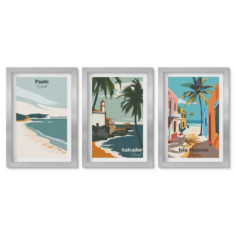Zestaw 3 obrazów w srebrnych ramach Tulup 20x30 cm Tropikalne plaże i palmy Galeria ścienna 1 kpl