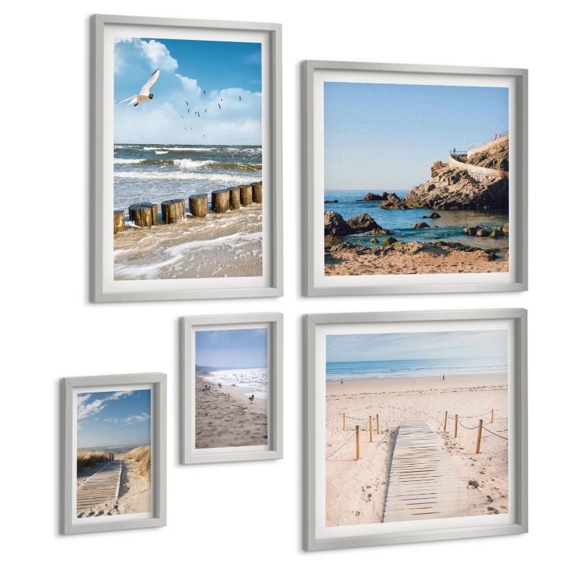 Zestaw 5 Obrazów ArtPrintCave (2x50x50+2x20x30+40x60cm) Srebrna rama Plaża piasek fale niebo ptaki 1 kpl.