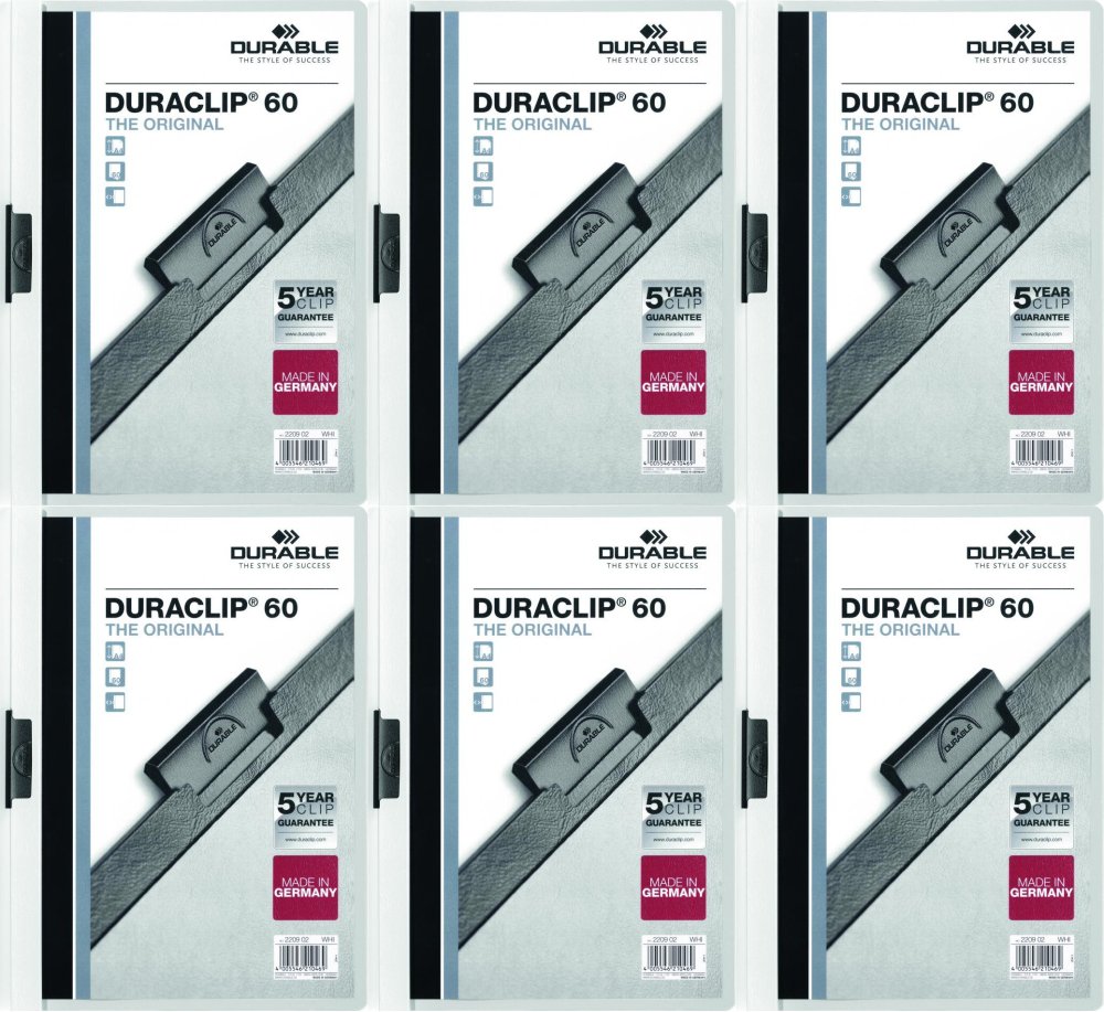 6x Skoroszyt plastikowy z klipsem Durable DuraClip, A4, do 60 kartek, biały