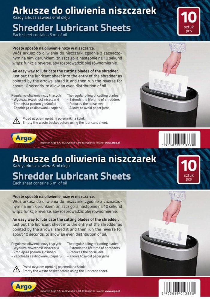 2x Arkusze olejowe do niszczarek Argo, 10 sztuk