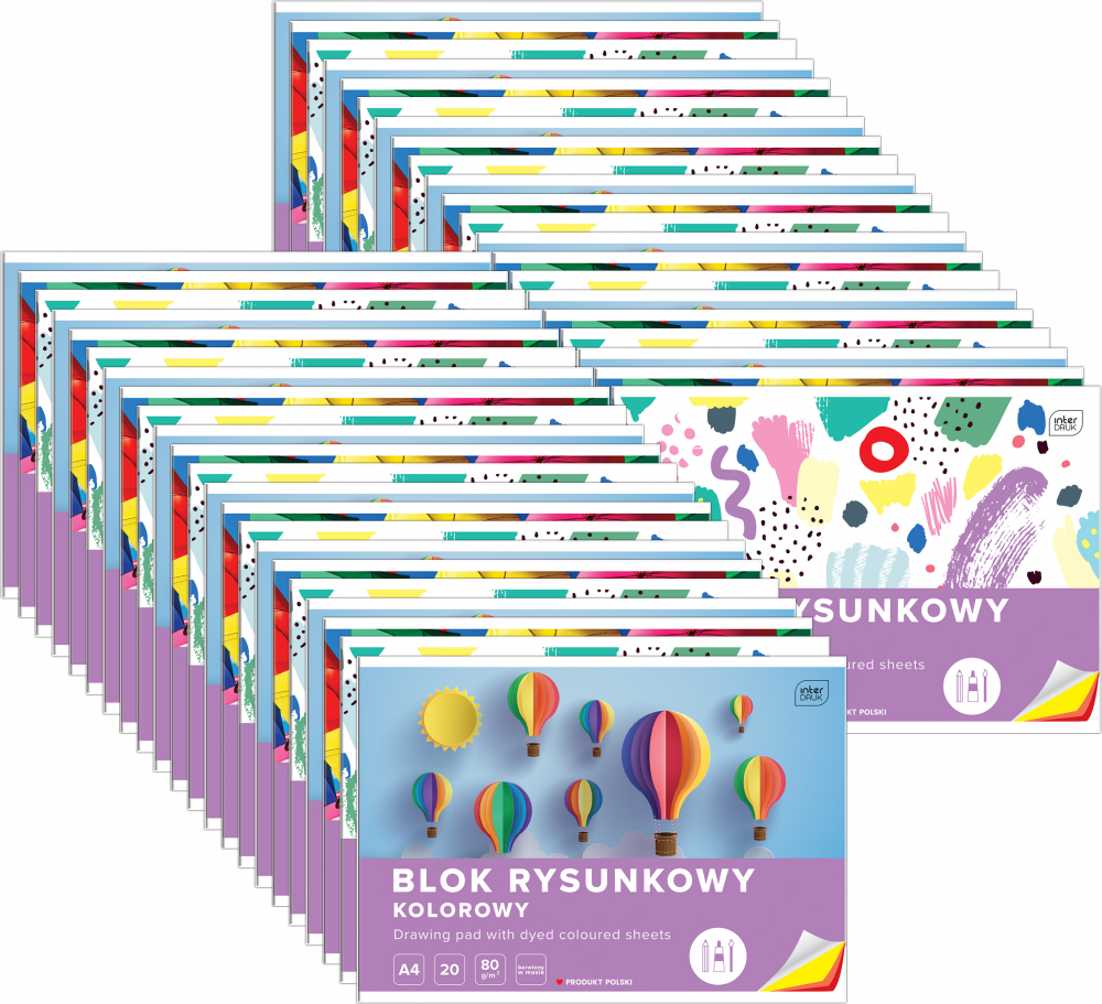 60x Blok rysunkowy Interdruk, A4, 20 kartek, kolorowy