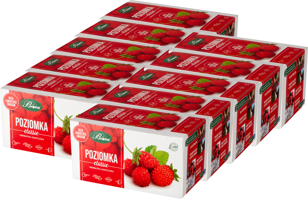 10x Herbata owocowa w torebkach BiFix Classic, poziomka, 20 sztuk x 2.5g