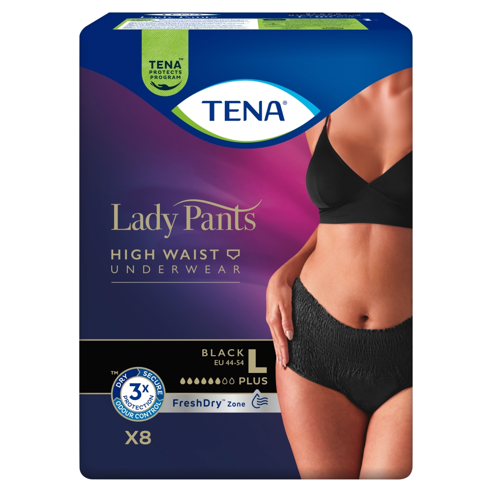 Tena lady pants plus - majtki chłonne, black, rozmiar l, 8 sztuk