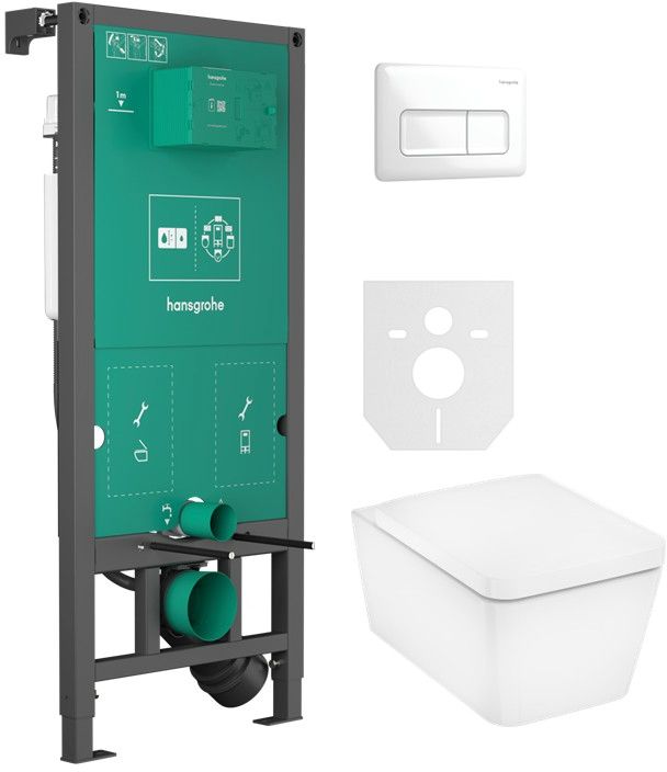 Zestaw Hansgrohe EluPura Q miska WC z deską wolnoopadającą wisząca biała i stelaż z przyciskiem białym (01022180, 66001450, 60293450)