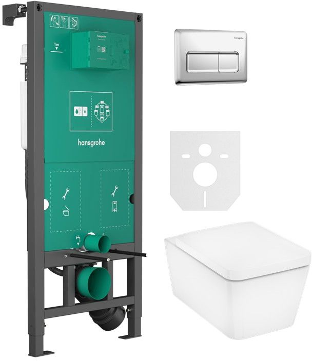 Zestaw Hansgrohe EluPura Q miska WC z deską wolnoopadającą wisząca biała i stelaż z przyciskiem chrom połysk (01022180, 66001000, ...